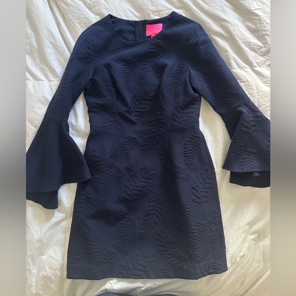 Lilly Pulitzer Kayla True Navy Fern Pucker Jacquard Stretch Flounce Sleeve Dress